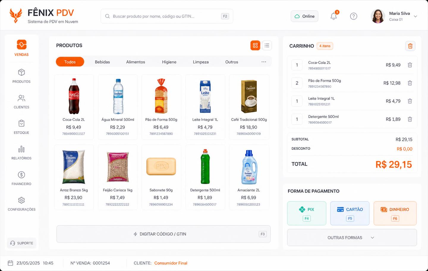 Frente de caixa rápida — PIX, cartão, dinheiro e crediário