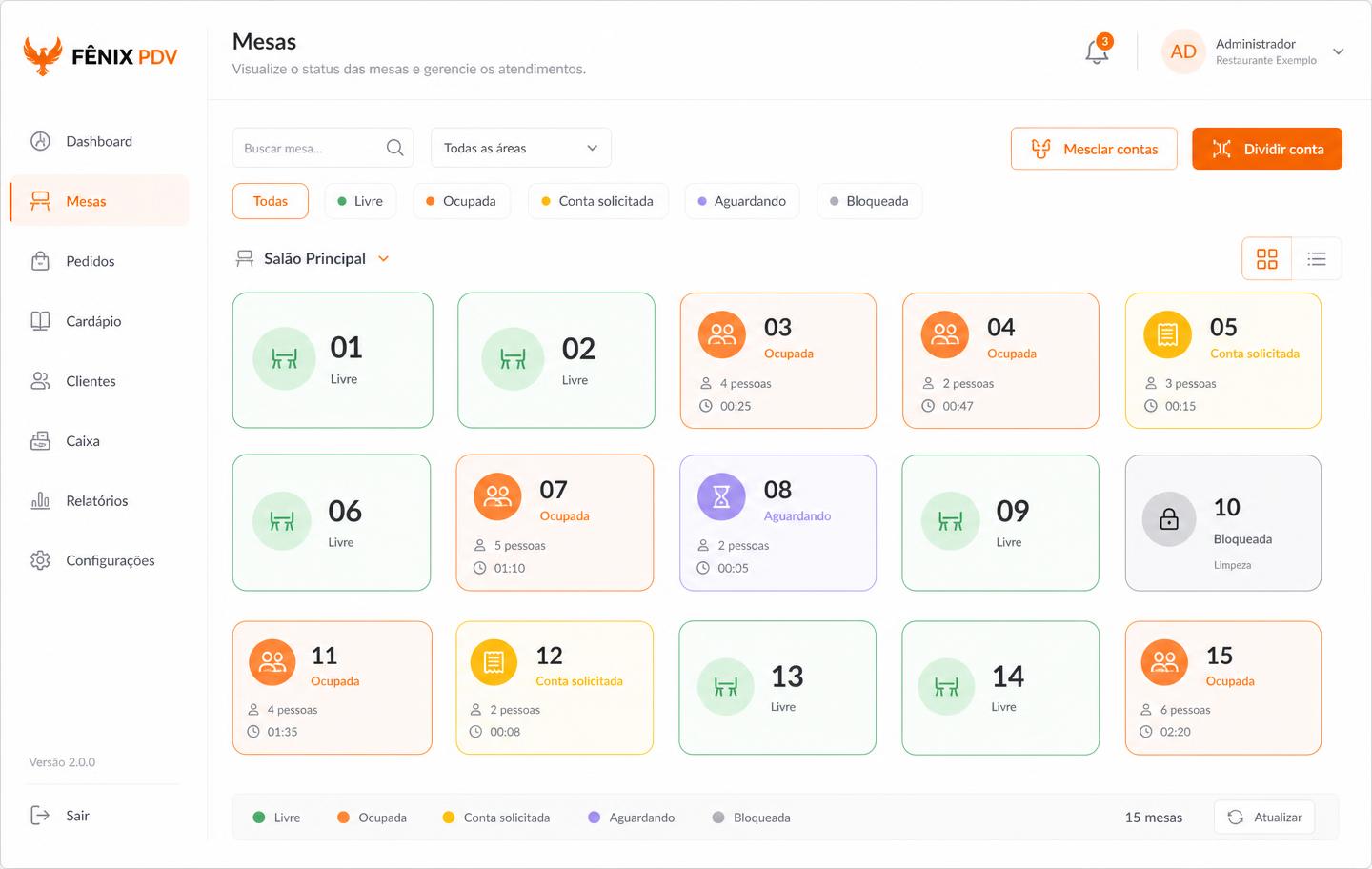Controle de mesas — juntar, dividir conta por item ou valor